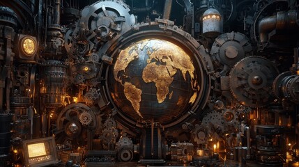 Fototapeta premium A Steampunk-inspired world trade scene, where gears and cogs form a mechanical globe, illustrating industrial-era global commerce reimagined with AI.