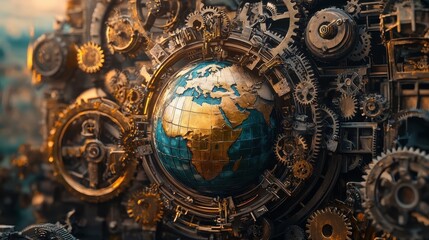 Fototapeta premium A Steampunk-inspired world trade scene, where gears and cogs form a mechanical globe, illustrating industrial-era global commerce reimagined with AI.