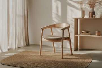 Simple wooden chair in a light room Natural light streams in, highlighting the chair and surrounding decor, creating a serene atmosphere Beige tones dominate the scene, with a woven rug 
