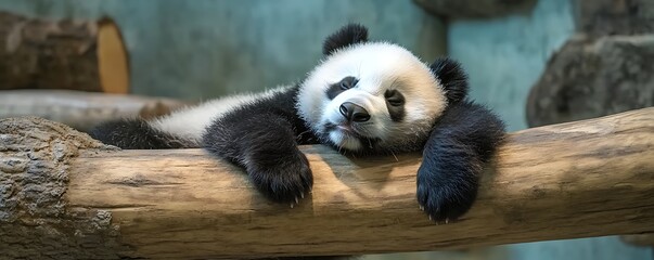 Obraz premium Sleepy Panda on Log in Zoo
