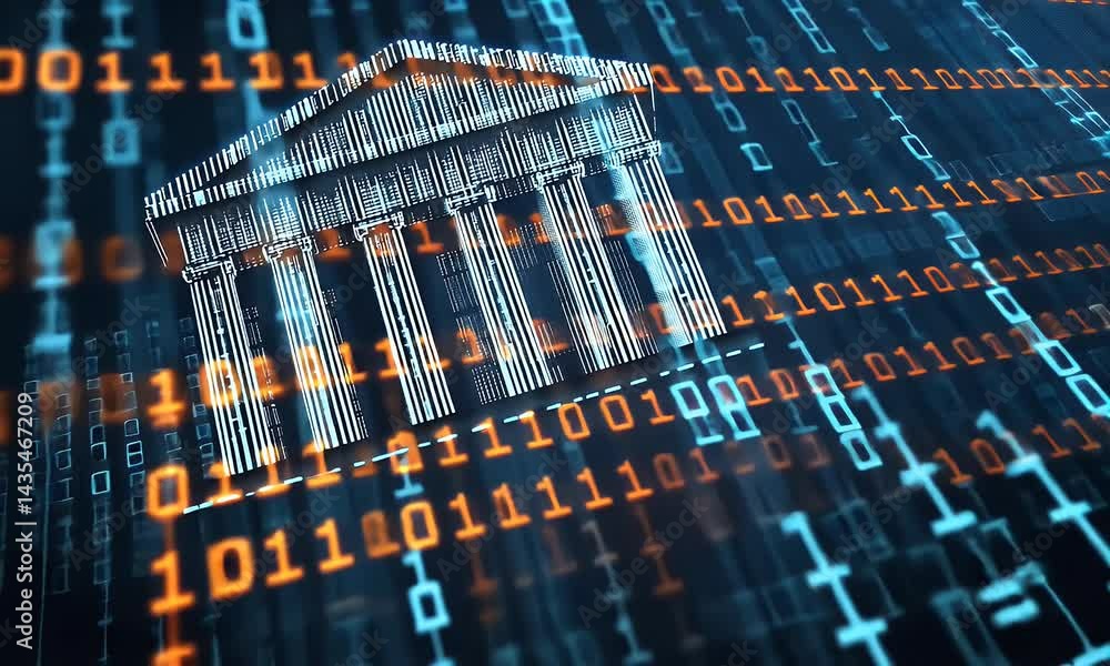 Poster a bank building with greek columns stands against a backdrop of digital charts, data, and graphs. th