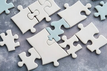 Obraz premium White and Blue Jigsaw Puzzle Pieces on Gray Background Teamwork Concept