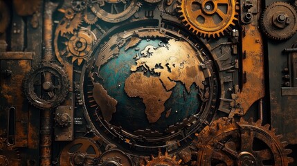 Naklejka premium A Steampunk-inspired world trade scene, where gears and cogs form a mechanical globe, illustrating industrial-era global commerce reimagined with AI.