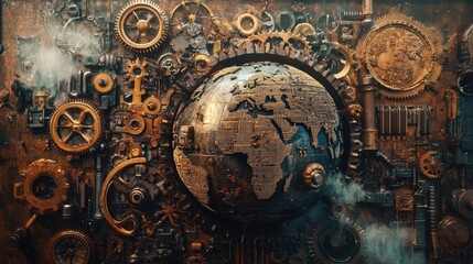 Naklejka premium A Steampunk-inspired world trade scene, where gears and cogs form a mechanical globe, illustrating industrial-era global commerce reimagined with AI.