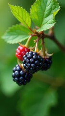 Close-up of ripe blackberries hanging from green leaves against a lush green background