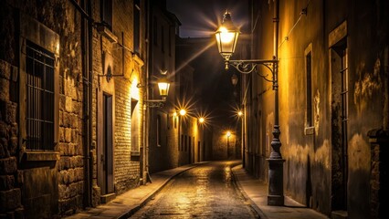 Fototapeta premium A dark alleyway with old streetlights casting long shadows on the ground, nighttime, streetlight