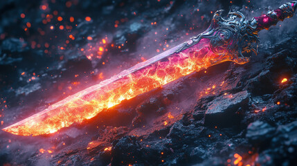 Fototapeta premium Fiery, Ornate Blade on Volcanic Rocks