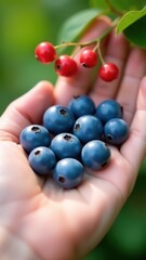A hand gently holds vibrant blue honeysuckle berries, showcasing the natural beauty and delicacy of fresh fruit