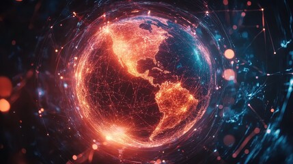 Obraz premium Abstract digital background featuring a glowing Earth with interconnected nodes, representing the internet, blockchain technology, and global data exchange, high-tech business and communication theme.