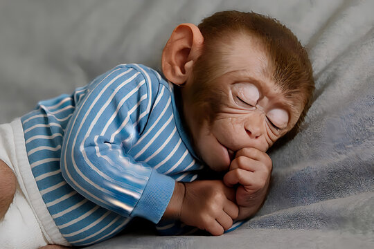Adorable Baby Monkey Sleeping Peacefully in Striped Pajamas