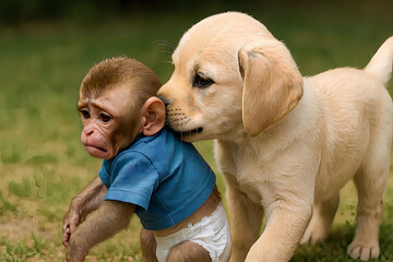 Sad Baby Monkey Comforted by Playful Puppy on Grass Field