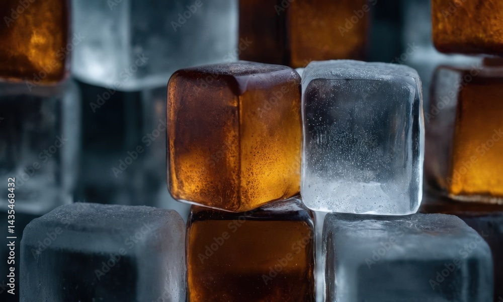 Poster a pile of clear ice cubes stacked on top of each other, frozen in place