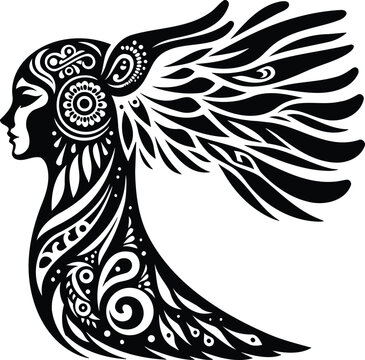 Isolated vector silhouette of Alkonost bird woman with tribal wing art