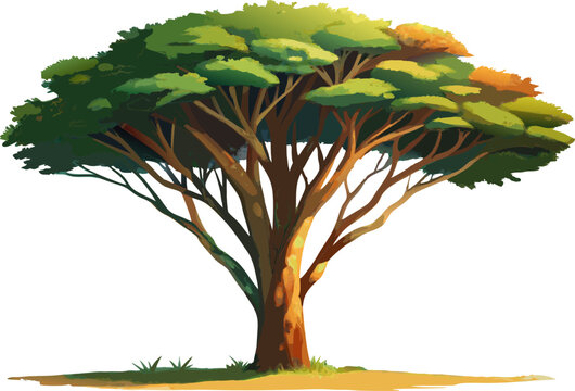 A watercolor depiction of an African Mahogany Tree (Khaya senegalensis), with a tall straight trunk and glossy dark green leaves, isolated on white Background.