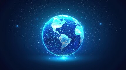 Fototapeta premium Abstract digital background featuring a glowing Earth with interconnected nodes, representing the internet, blockchain technology, and global data exchange, high-tech business and communication theme.