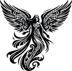 Fototapeta premium Isolated vector silhouette of an angel with tribal art descending