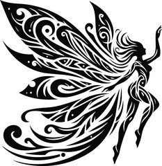 Ethereal black and white fairy silhouette with tribal wing patterns