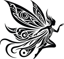 Tribal winged fairy vector silhouette mid flight