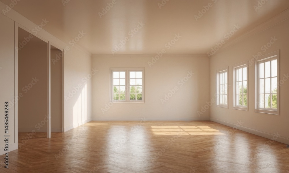 Poster a simple room with wooden floors and windows, ideal for interior design and architecture projects