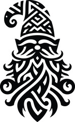 Tribal inspired gnome silhouette with long beard and geometric hat