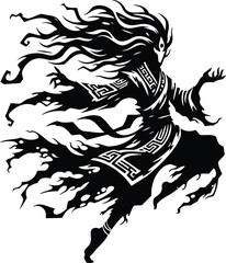 Dynamic hopping jiangshi vector silhouette with tribal detail