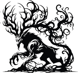 Isolated black and white vector silhouette tribal art style Leshy creature with forest vines