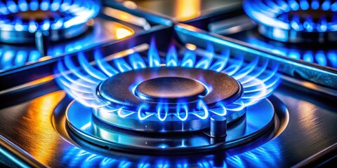 Intimate details of a gas stove burner with a vibrant blue flame