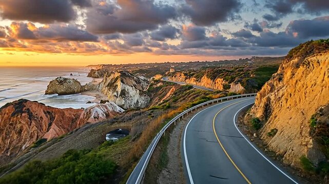 Scenic coastal highway at sunset with ocean views and dramatic cloud formations, ideal for travel vlogs