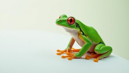 Obraz premium Green tree frog perched on white, vibrant skin, nature, isolated, fauna
