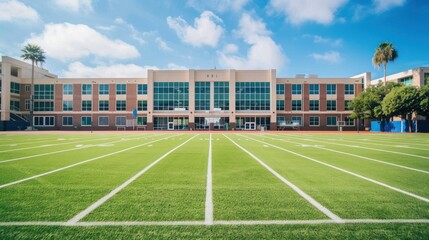 Large high school building with sports field stock photo --ar 16:9 --raw --v 6 Job ID: 09e84fd4-e84b-4d2d-a56c-306c30338ec4
