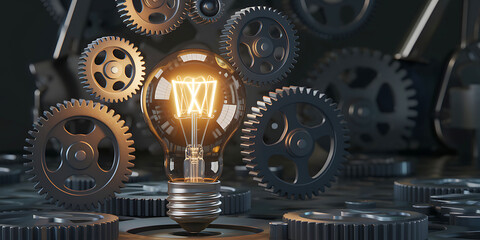 A mechanical device with a glowing lightbulb in the center emits bright white light. Surrounding gears spin in a dark background.