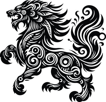 Black and white fierce tribal style nian mythical creature silhouette with patterns