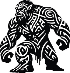Isolated black and white vector silhouette of a tribal art mythological ogre with raised fists