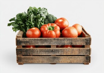 Fresh red tomatoes, bell peppers, and broccoli in rustic wooden crate