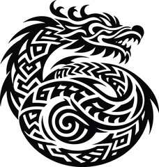 Stylized ryu dragon in tribal vector silhouette with geometric patterns