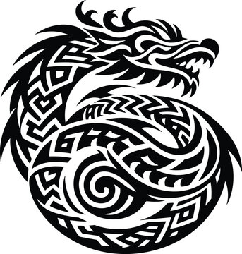 Stylized ryu dragon in tribal vector silhouette with geometric patterns
