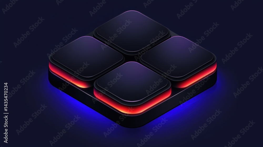 Poster a 3d rendering of a futuristic-looking keyboard with glowing red and blue lights.