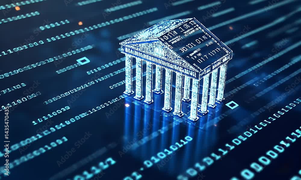 Poster a bank building with greek columns stands against a backdrop of digital charts, data, and graphs. th