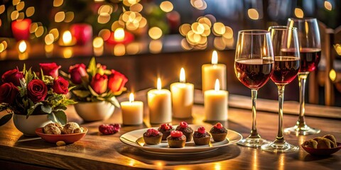 Candlelit dinner with wine and chocolates on a romantic table, Intimate Dinner
