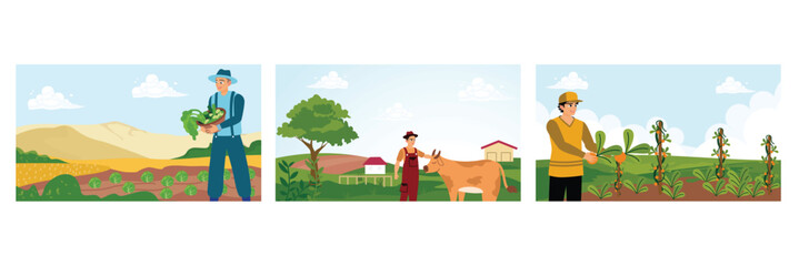 Obraz premium A farmer carries a vegetable basket, tends a cow, and picks vegetables in a farm field.