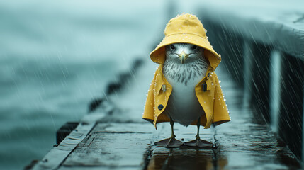 M&ouml;we mit Regenjacke und S&uuml;dwester im starken Regen auf Steg