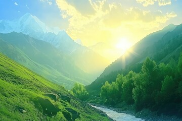 Obraz premium Mountain valley at sunrise, with a river running through it