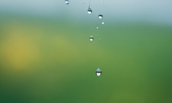 A close-up view of water droplets hanging from a window