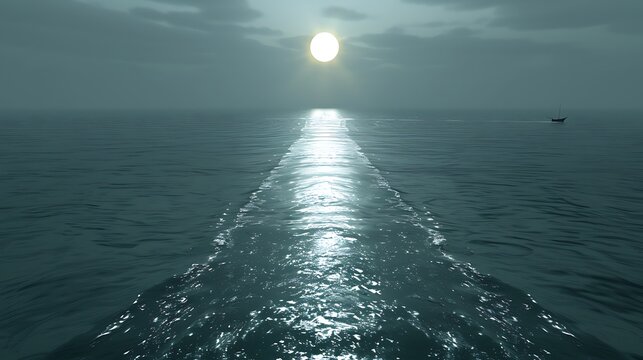 A serene moonlit ocean scene with a solitary sailboat on the horizon creating beauty