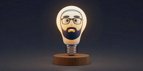 A glowing lightbulb resembles a human face with detailed eyes, nose, and mouth set against a dark background.
