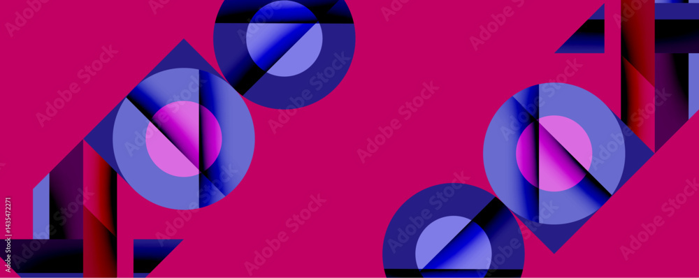 Poster Abstract geometric composition. Circles, triangles, rectangles overlap creating vibrant visual effect. Pink background enhances bold color scheme. Modern design elements present.