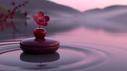 Zen water ripples with single flower in a serene lakeside setting during twilight