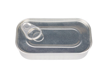 Shiny silver tin can isolated on transparent background, ideal for commercial food packaging presentations, graphic design or digital marketing materials.