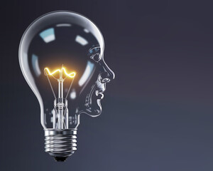 A glowing lightbulb resembles a human face with detailed eyes, nose, and mouth set against a dark background.