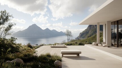 A modern white house with a large patio overlooking a serene lake and majestic mountains.